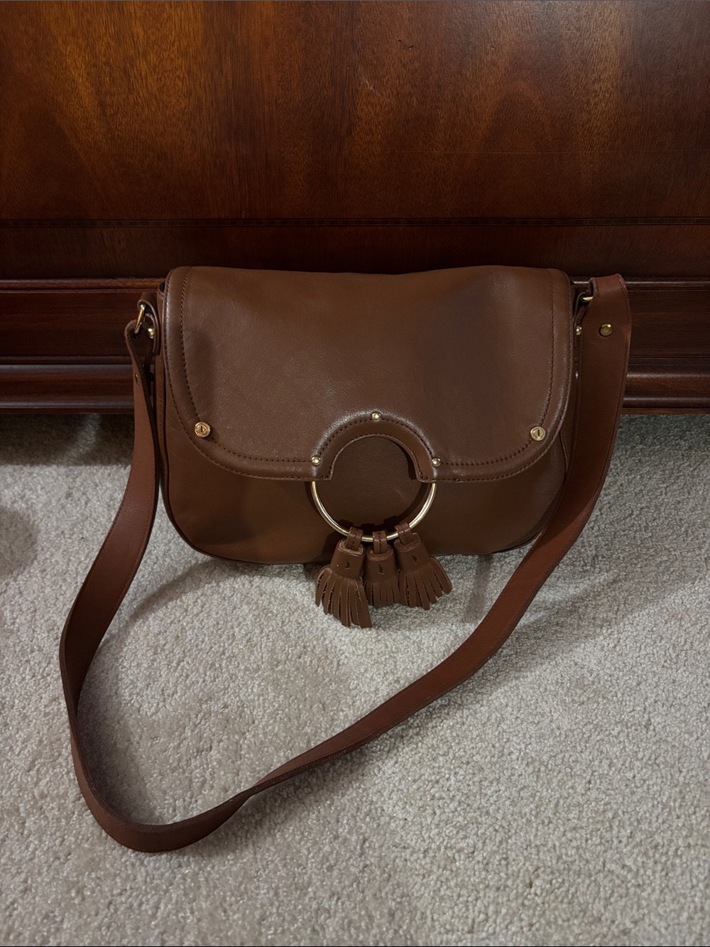 Thacker Classic Brown Leather Crossbody Saddle Bag with Tassel Ring